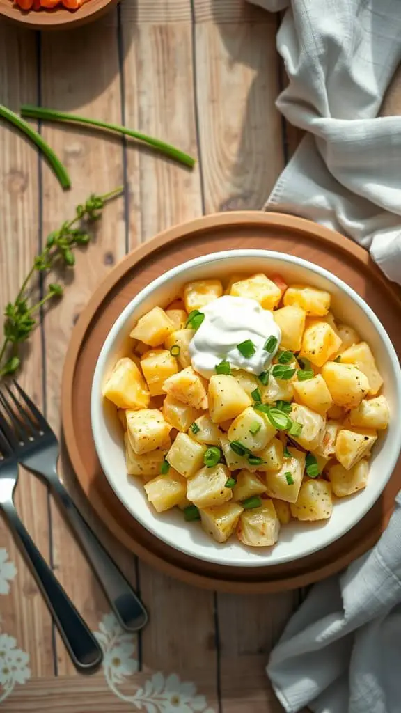 Bacon-less potato salad with sour cream and green onions