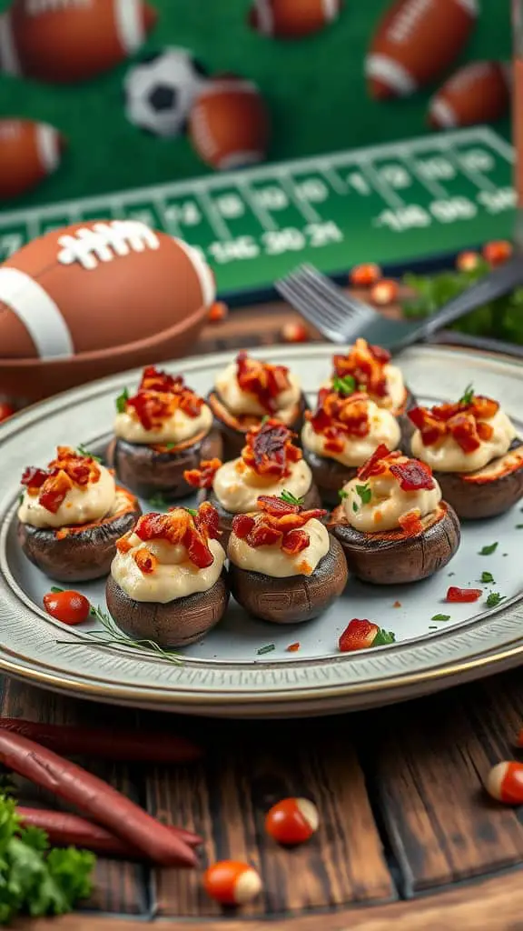 A platter of bacon-stuffed mushrooms topped with crumbled bacon and garnished with parsley, ready for a party.