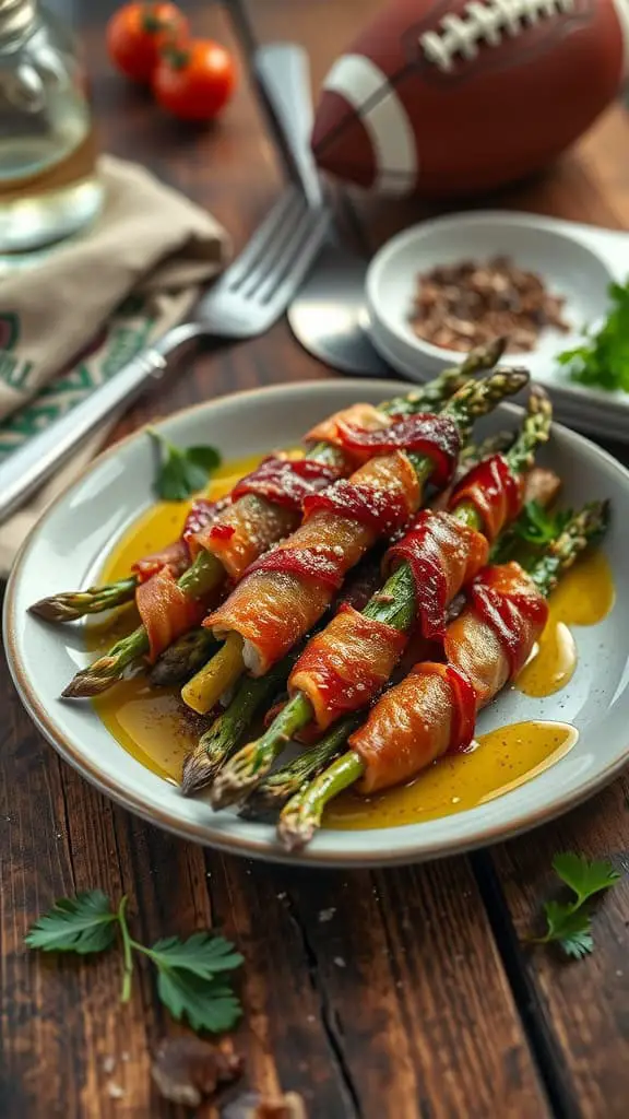 A plate of bacon-wrapped asparagus bundles drizzled in olive oil, sprinkled with garlic powder, and served as a party snack.