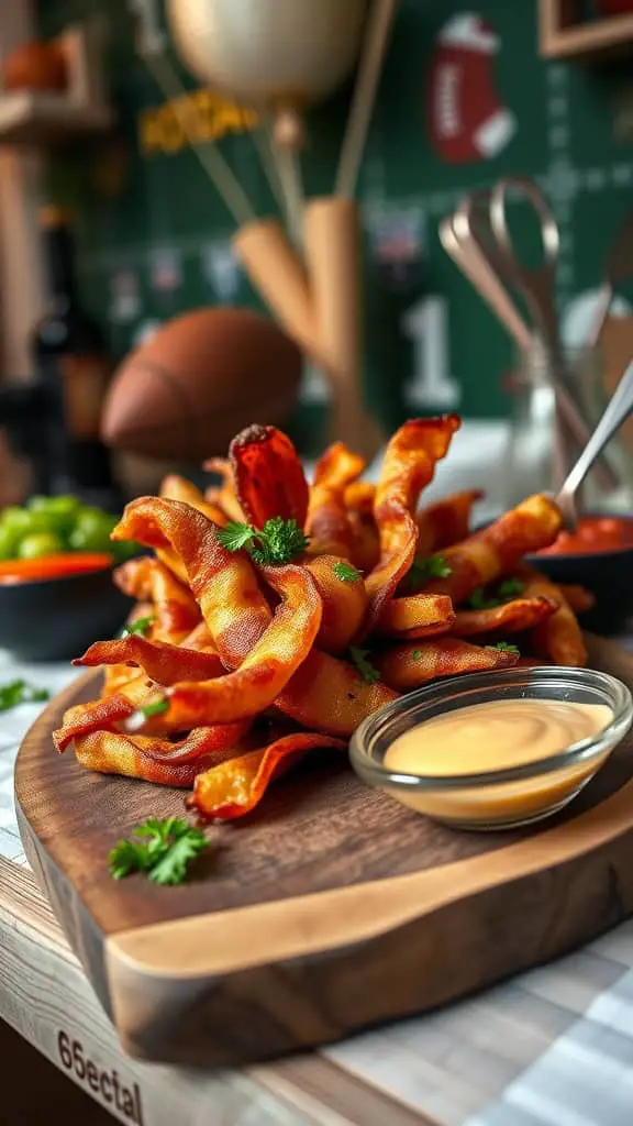 Bacon-wrapped avocado fries displayed on a wooden board with dipping sauce