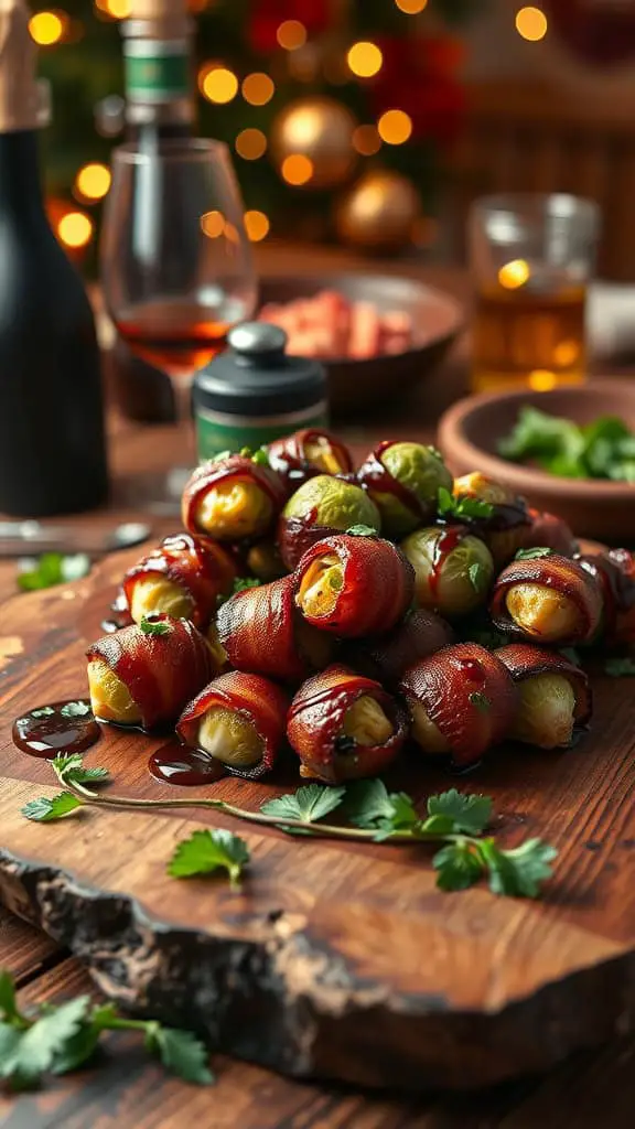 Bacon-wrapped Brussels sprouts drizzled with balsamic glaze