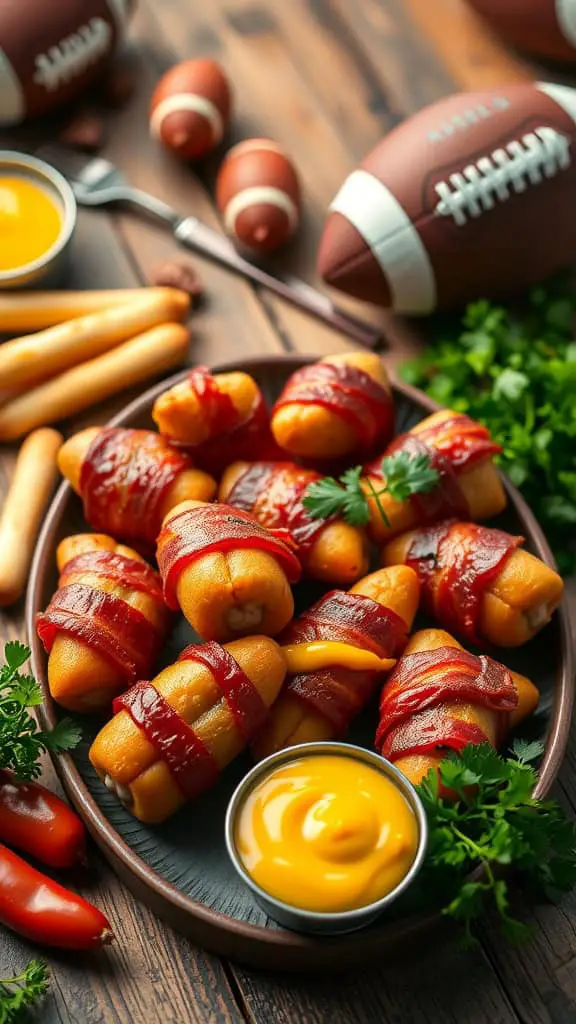 A platter of bacon-wrapped mini hot dogs served with mustard.