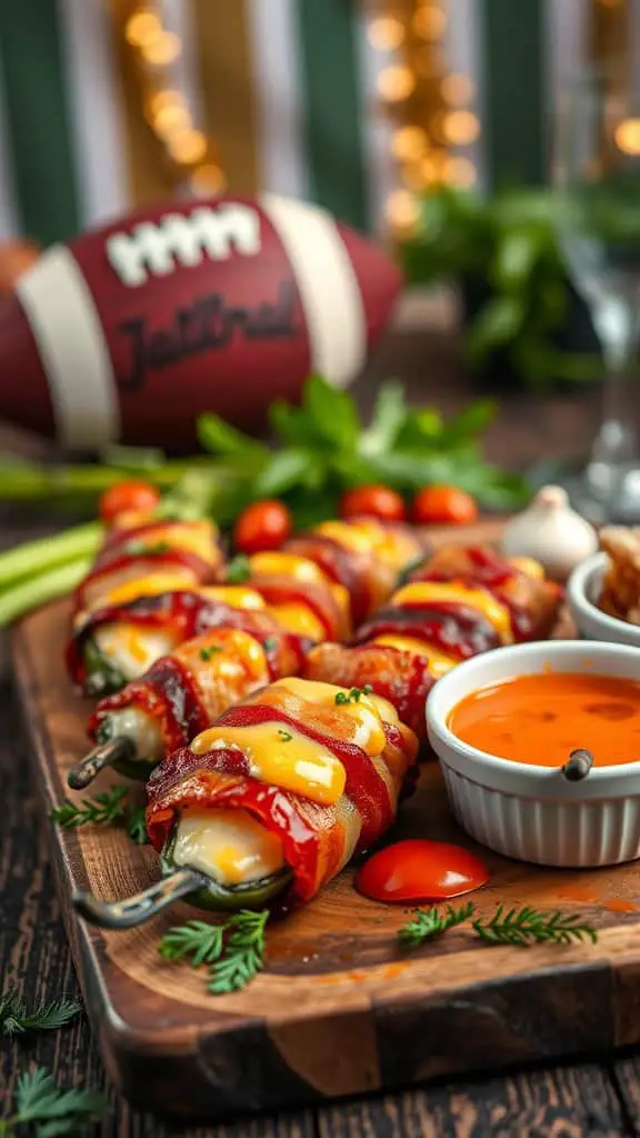 Bacon-wrapped jalapeño poppers on a wooden board with dipping sauce