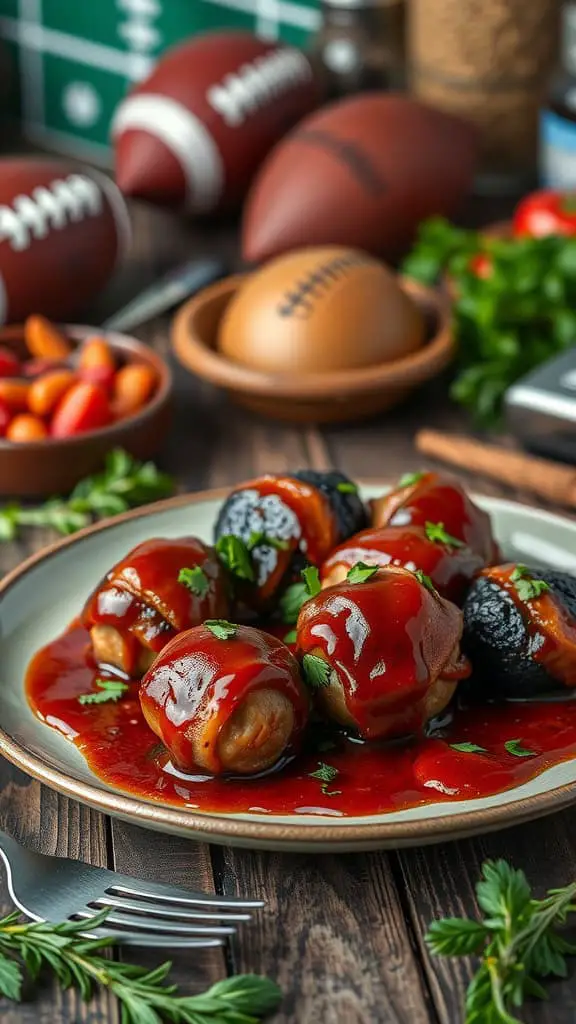 Bacon-wrapped meatballs with barbecue sauce on a plate, served as a game day appetizer.