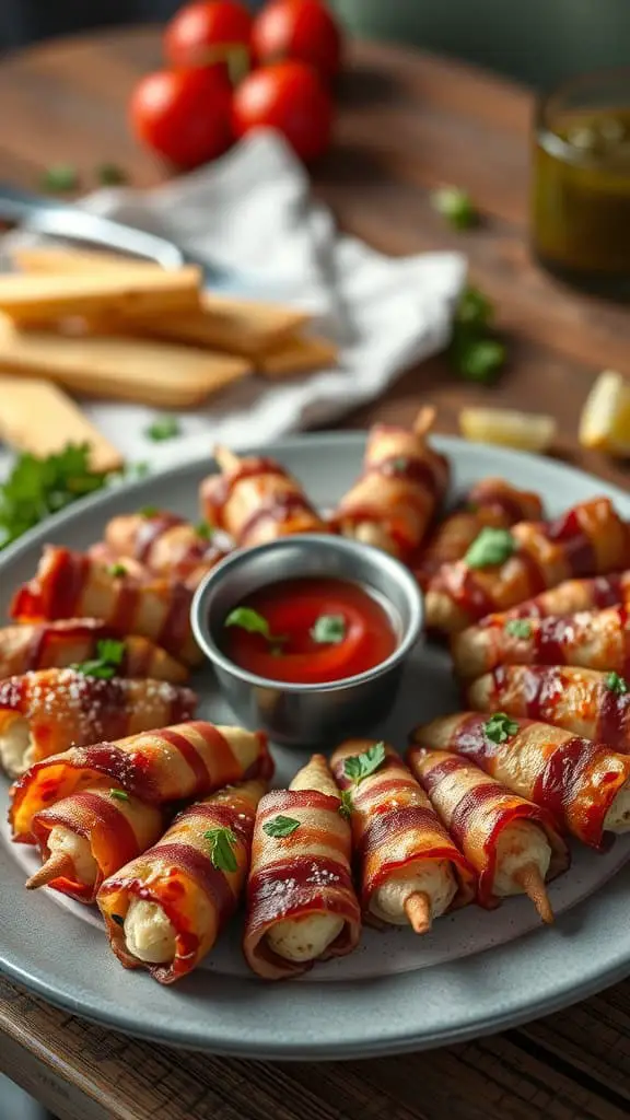 A plate of bacon-wrapped mozzarella sticks with marinara sauce for dipping.