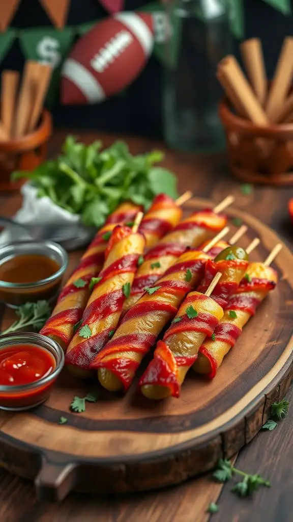 Bacon-wrapped pickle spears on a wooden platter with dipping sauces.