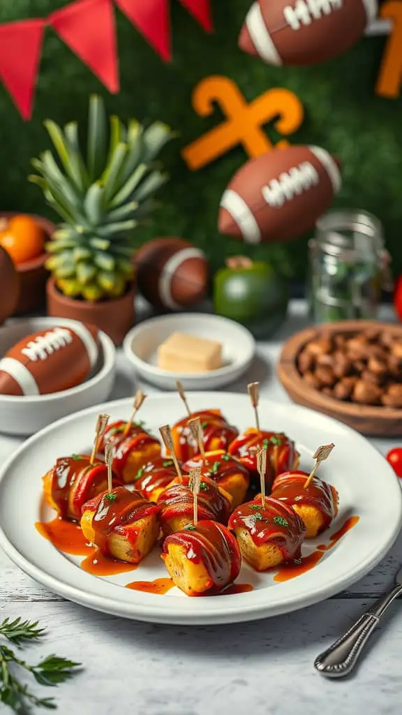 Bacon-wrapped pineapple bites on a white plate with skewers, garnished with sauce.