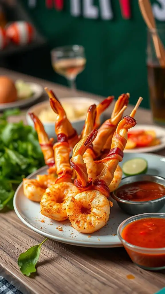 Delicious bacon-wrapped shrimp skewers ready for a party