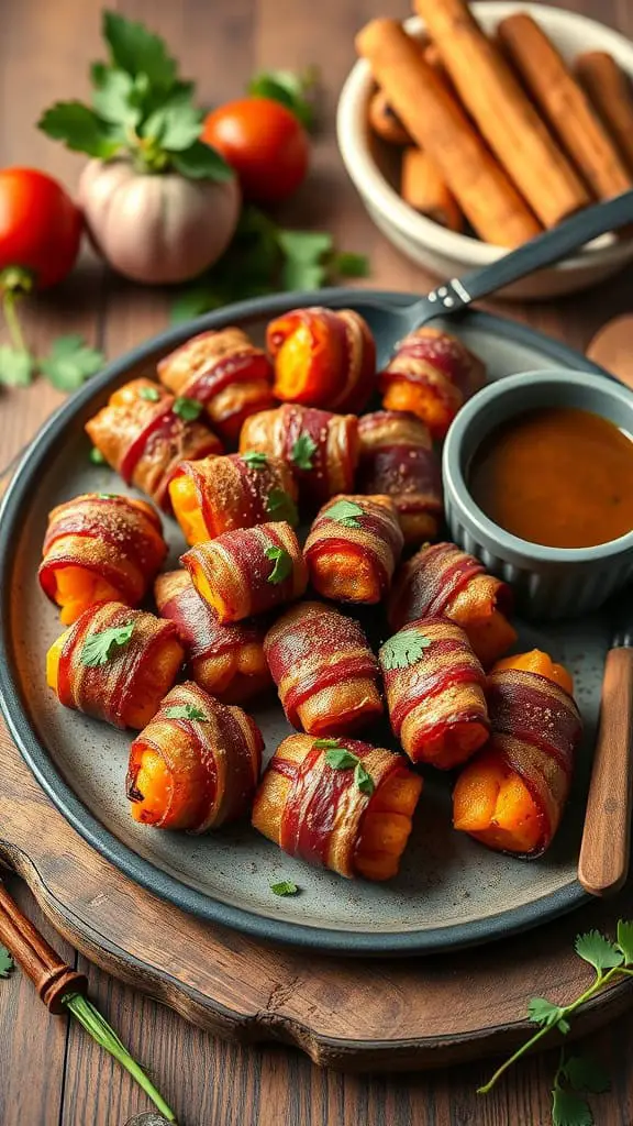 Bacon-Wrapped Sweet Potato Bites served on a plate