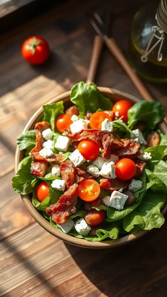 Bacon and blue cheese spring salad with cherry tomatoes