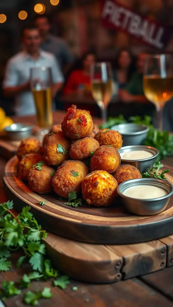 Delicious crispy bacon and cheddar potato croquettes on a wooden platter with dipping sauces