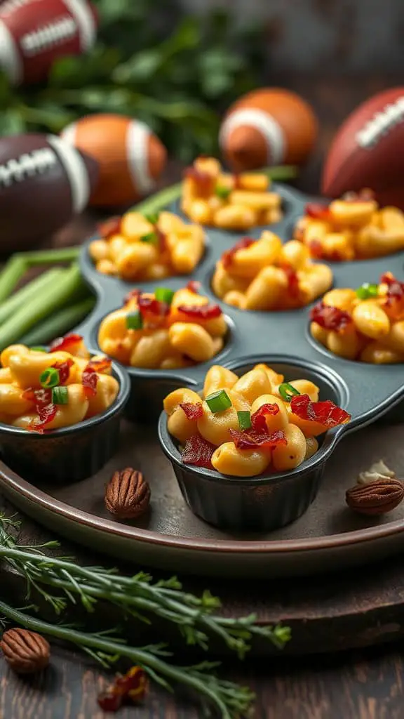 Bacon Mac and Cheese Cups served on a platter, perfect for game day snacks.