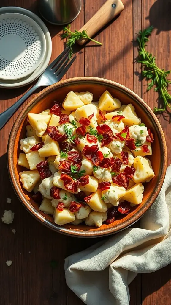 Bacon ranch keto potato salad with cauliflower and crispy bacon.