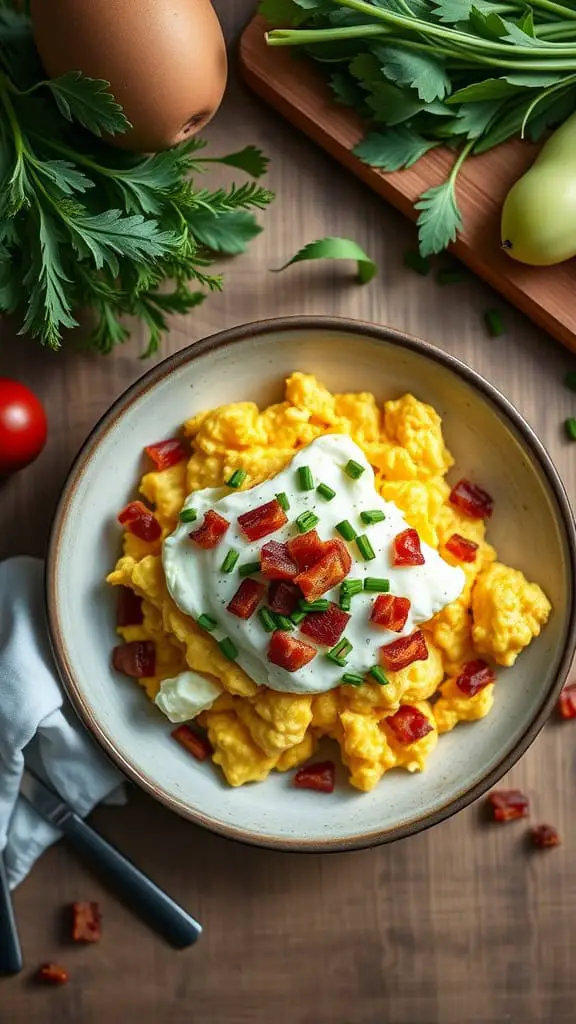 Bowl of fluffy scrambled eggs topped with cottage cheese and crispy bacon bits, garnished with chives.