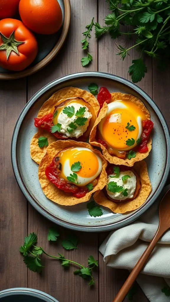 A plate of baked cottage cheese and eggs served in tortilla cups with tomatoes and cilantro.
