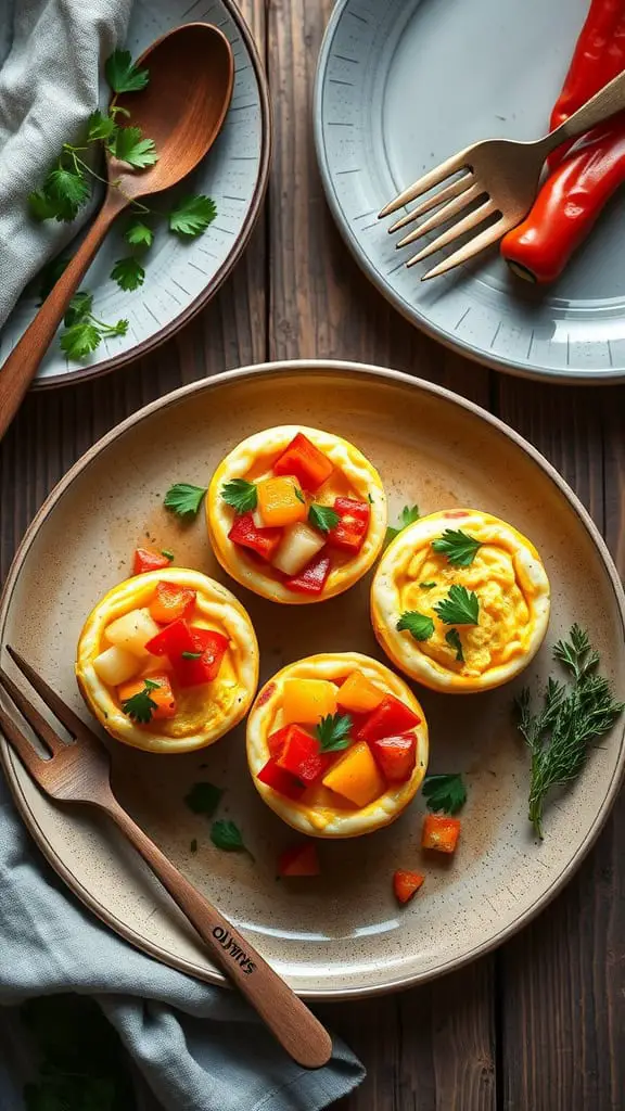 Baked cottage cheese eggs cups topped with colorful bell peppers and herbs