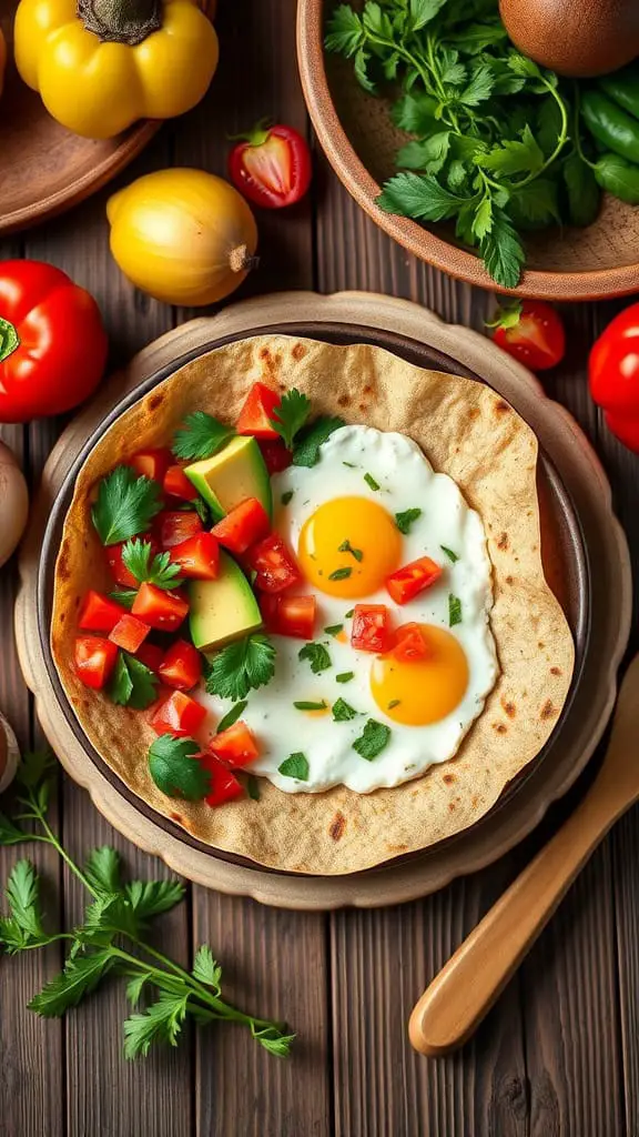 Baked cottage cheese eggs in a tortilla bowl with fresh vegetables and herbs.