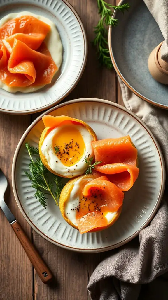 Baked cottage cheese eggs topped with smoked salmon, served on a plate.