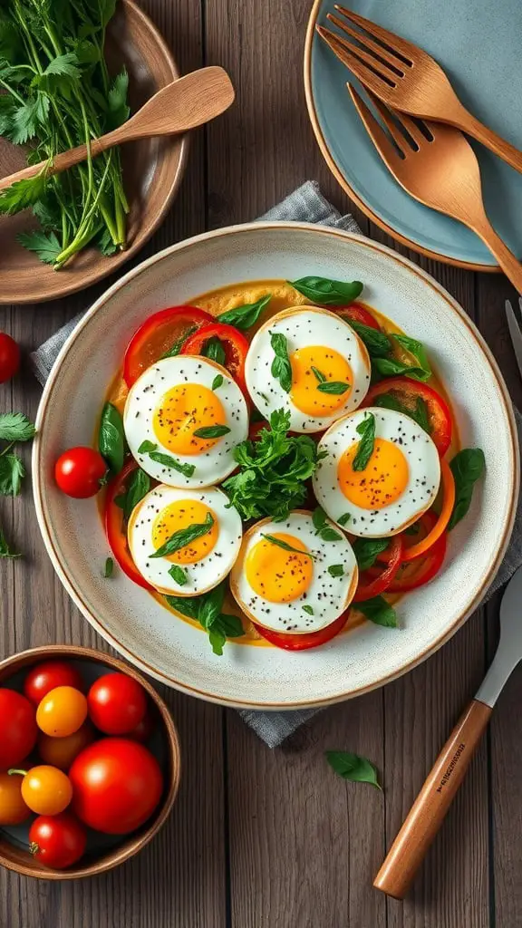 A delicious plate of baked cottage cheese eggs with herbs and vegetables.