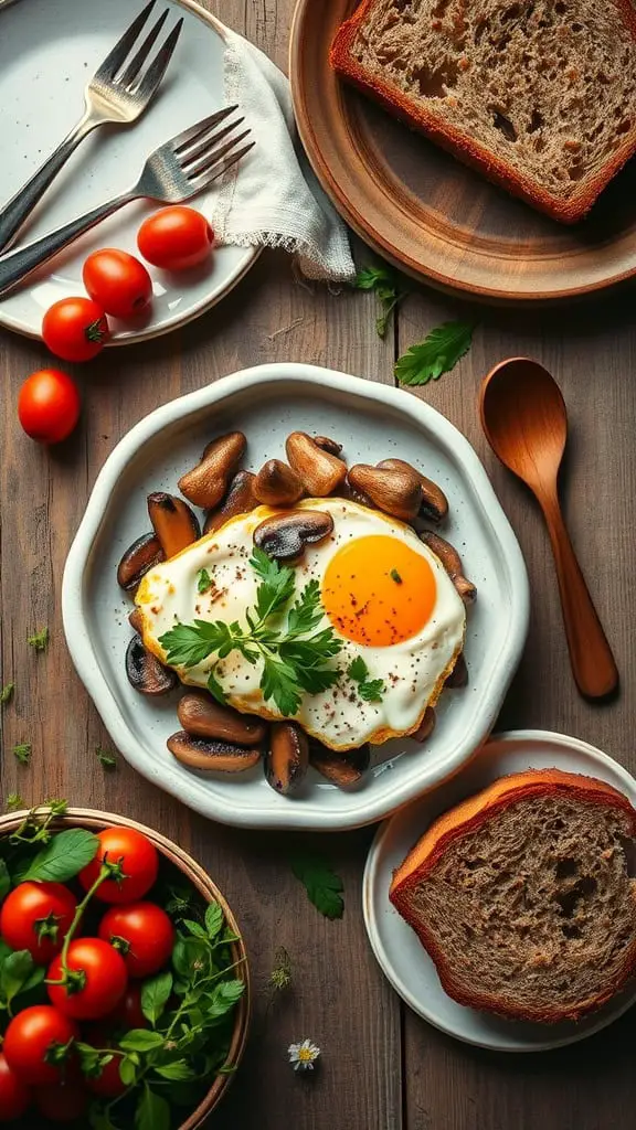 Baked cottage cheese scrambled eggs with mushrooms on a plate, served with cherry tomatoes and bread.