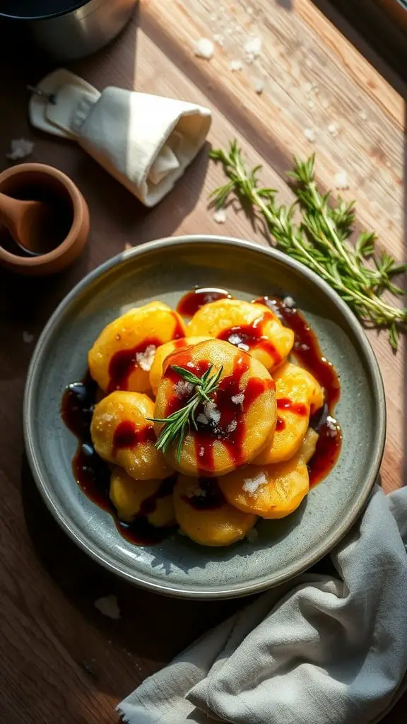 A plate of smashed potatoes drizzled with balsamic reduction, garnished with rosemary and sea salt.