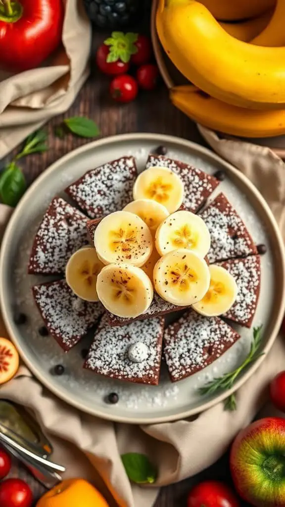 Plate of banana cottage cheese brownies topped with banana slices