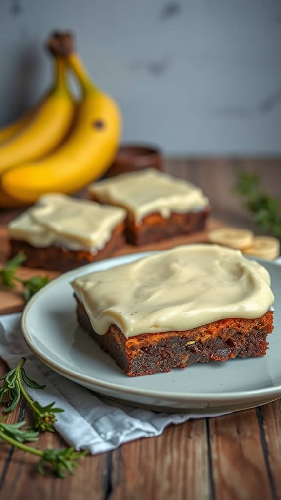 Banana Cream Cheese Brownies on a plate with bananas in the background.