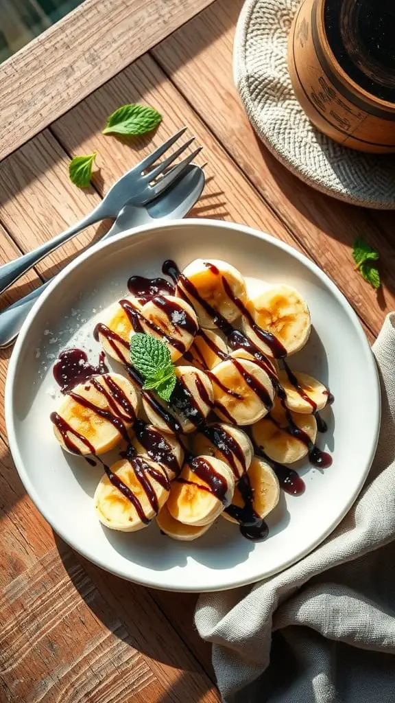 Plate of banana slices drizzled with dark chocolate, garnished with mint.