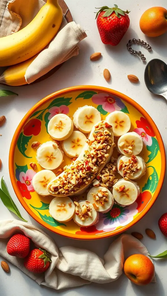 A colorful plate of banana sushi with almond butter and crushed nuts.