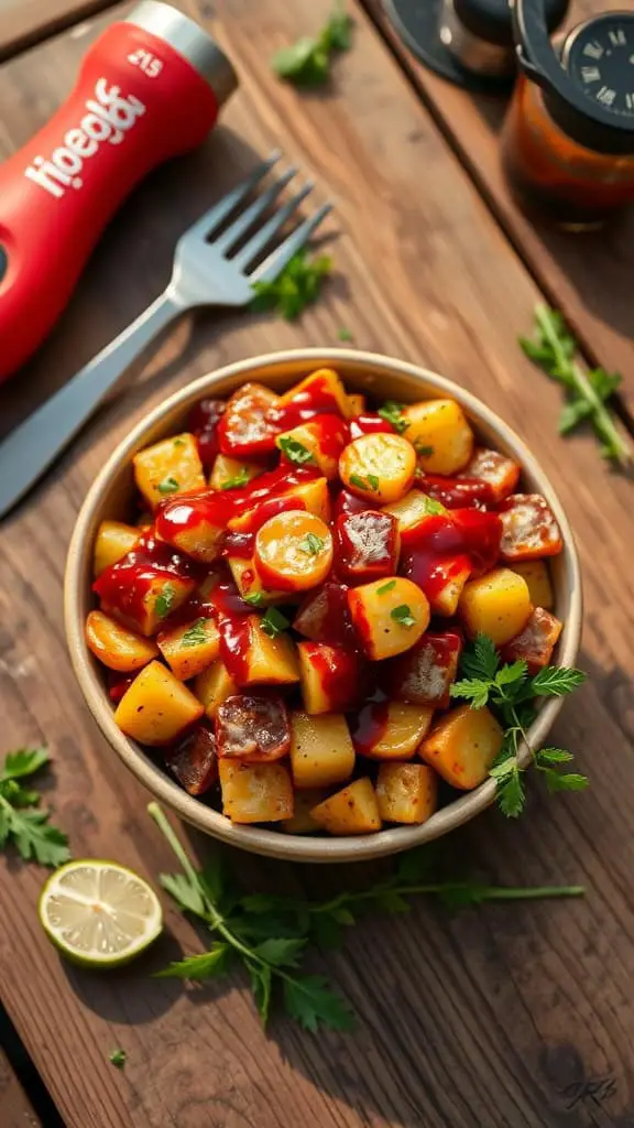 A bowl of BBQ smoked potato salad with diced potatoes, BBQ sauce, and pickles.