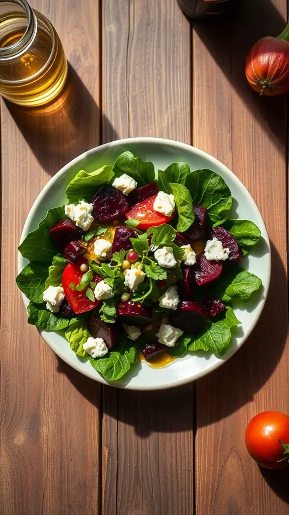 A colorful beet and goat cheese salad with spring mix, roasted beets, and crumbled goat cheese.