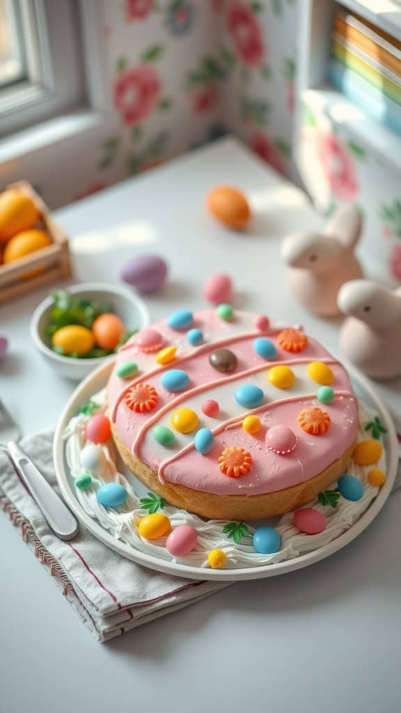 Decorated egg-shaped cookie cake with colorful icing and candy jewels for Easter