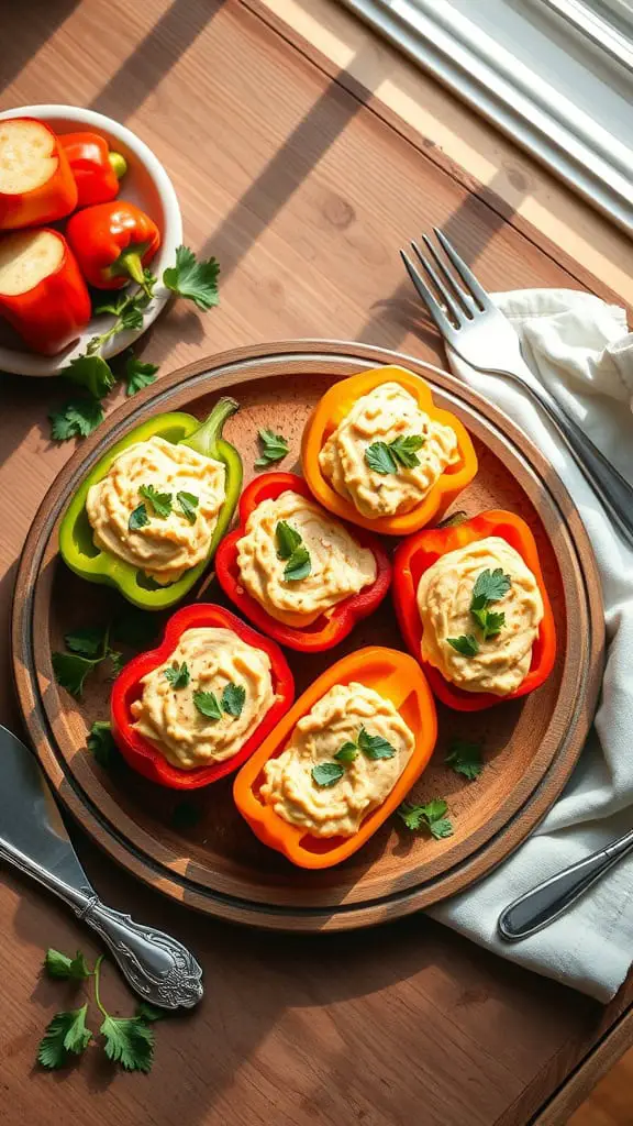 Colorful bell pepper boats filled with hummus, garnished with fresh herbs.