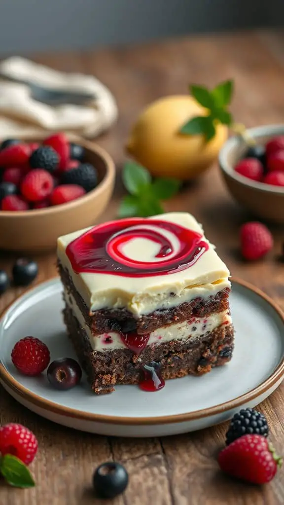 Delicious berry bliss cream cheese brownies with a swirl of berry preserves.