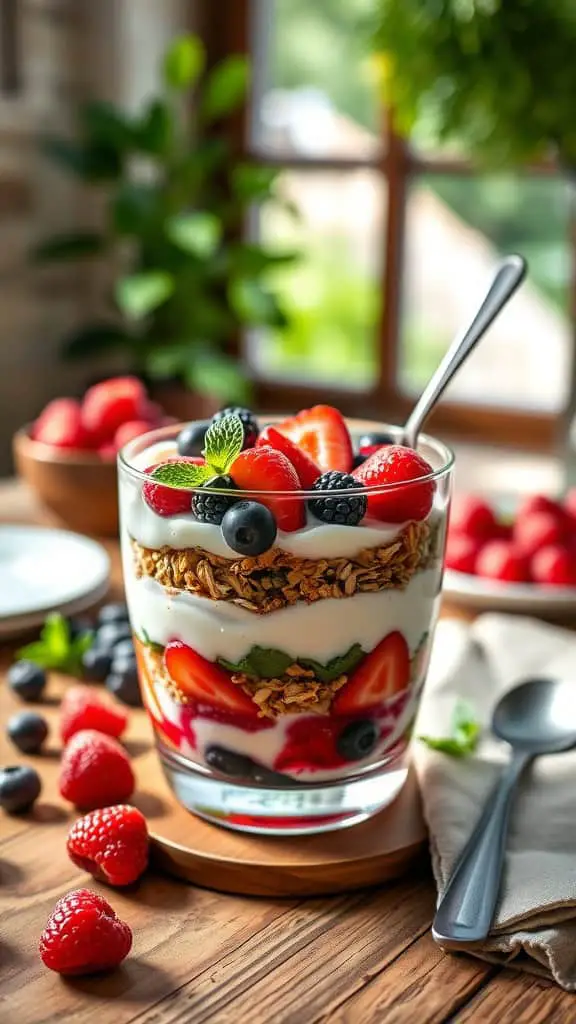 A delicious Berry Bliss Parfait made with Greek yogurt, granola, and mixed berries.