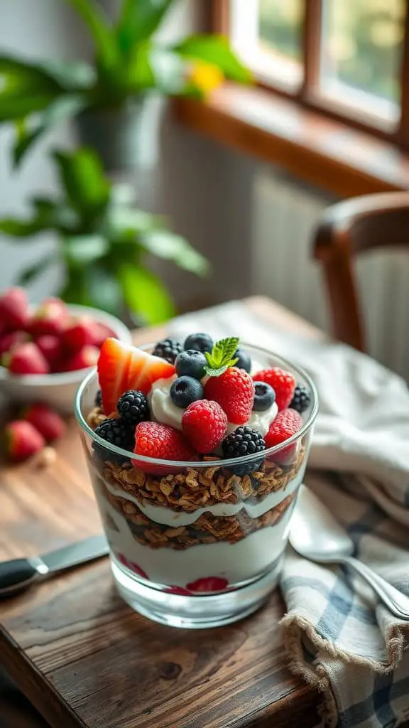 Berry Bliss Parfait with Greek yogurt, granola, and mixed berries