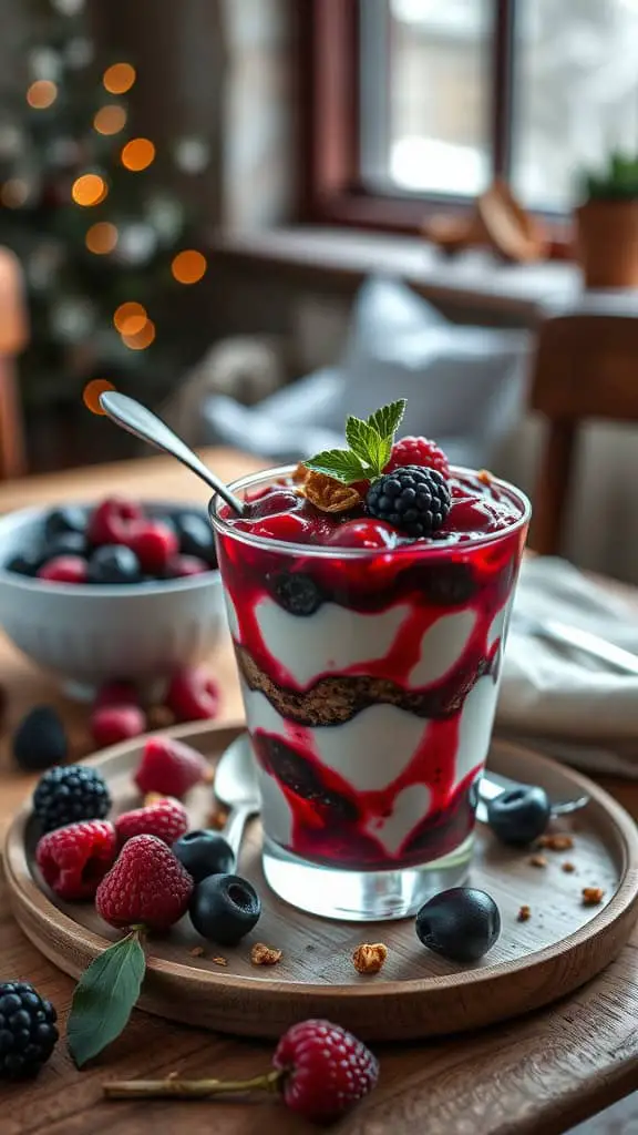 A berry compote parfait with Greek yogurt, topped with fresh berries and granola.