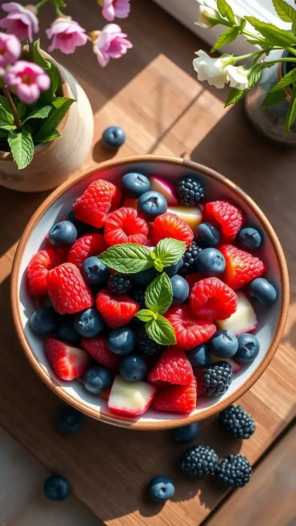 A colorful bowl of berry medley fruit salad with blueberries, raspberries, and blackberries garnished with mint leaves.