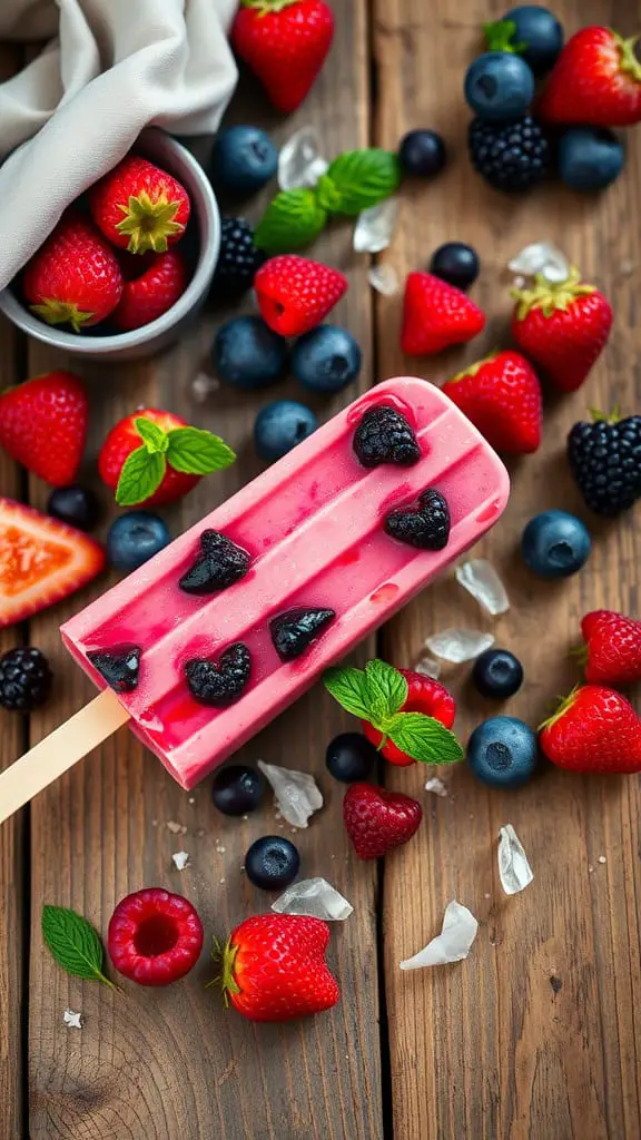 Delicious berry popsicles surrounded by fresh berries and mint leaves