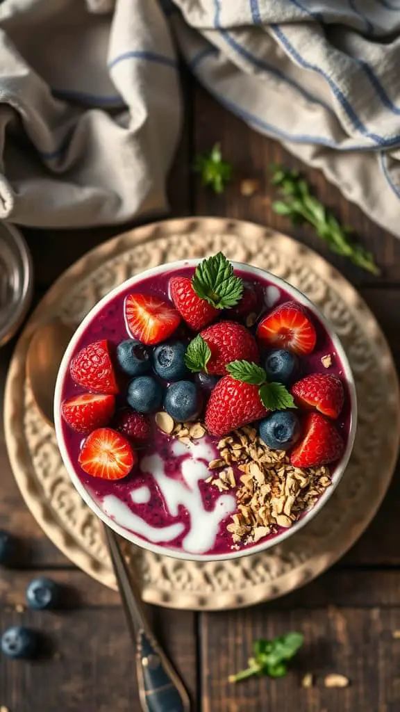 A delicious berry smoothie bowl topped with granola and fresh fruit.