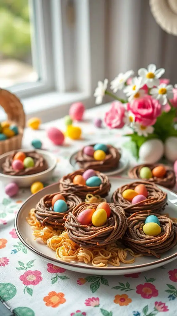 A plate of Bird's Nest Cookies made with chocolate and chow mein noodles, topped with colorful mini chocolate eggs.