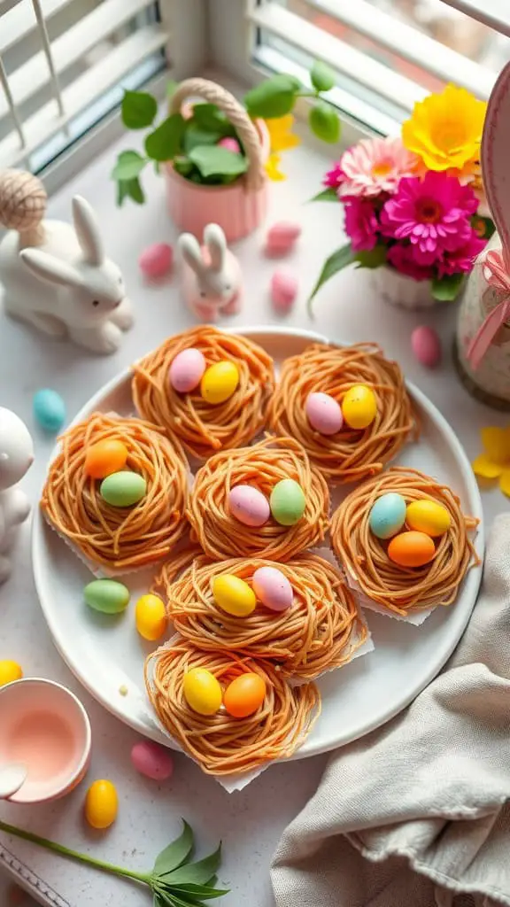 A plate of Bird's Nest Treats made with chow mein noodles, chocolate, and candy eggs.