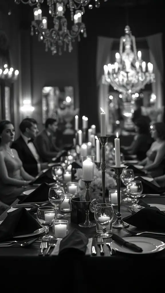 Elegant black and white dinner party setting with candles and guests dressed in formal attire.