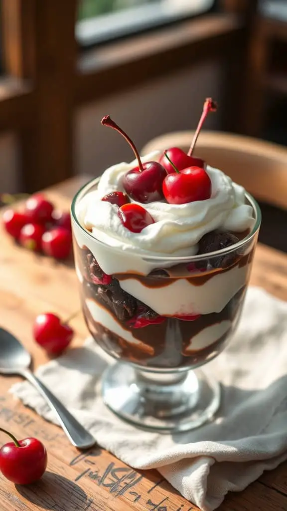 Black Forest Parfait with chocolate yogurt, cherry preserves, and whipped cream topped with cherries.