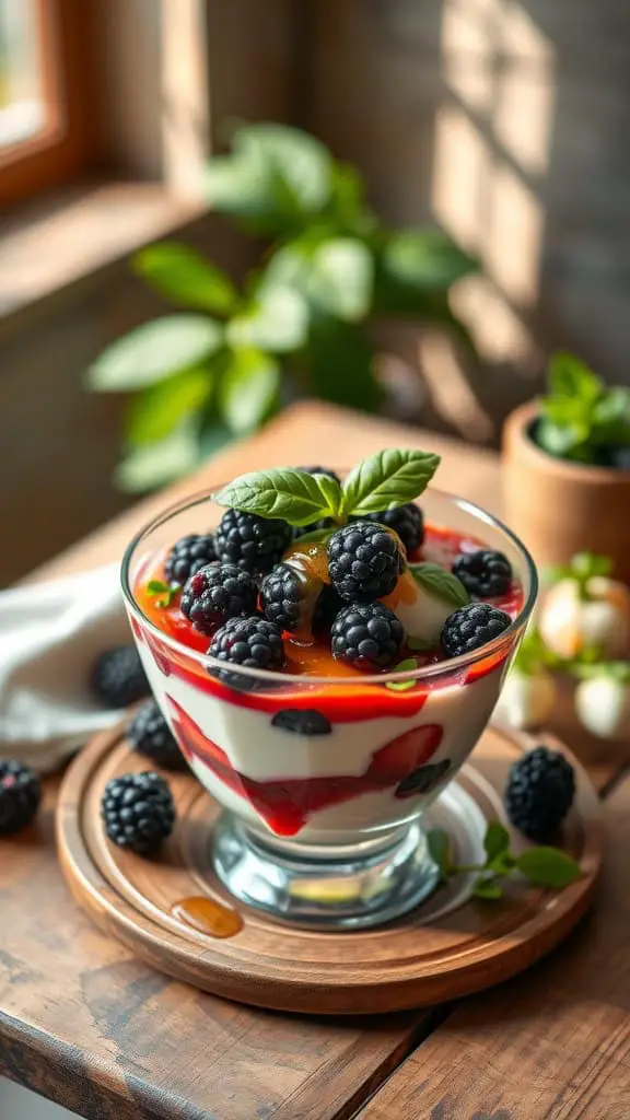 A blackberry basil parfait with layers of yogurt, blackberries, and granola, garnished with fresh basil.