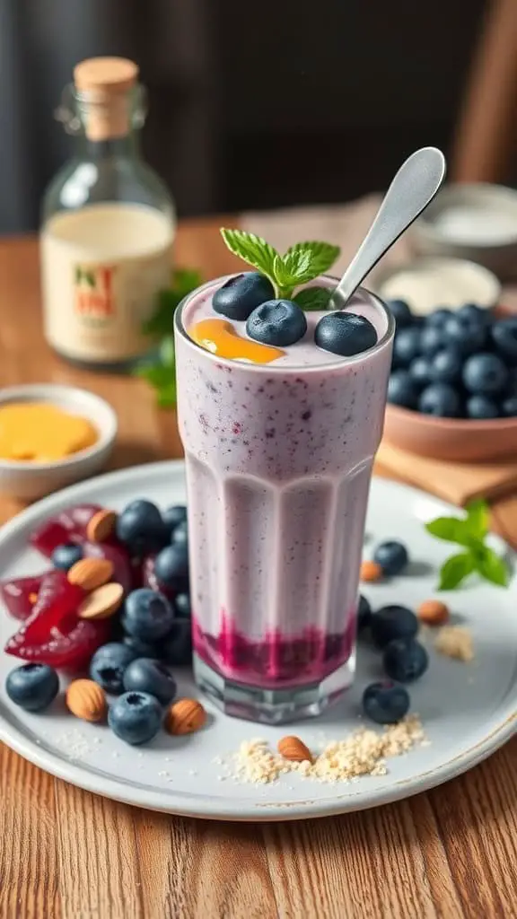 A refreshing blueberry almond protein shake made with blueberries and almond butter