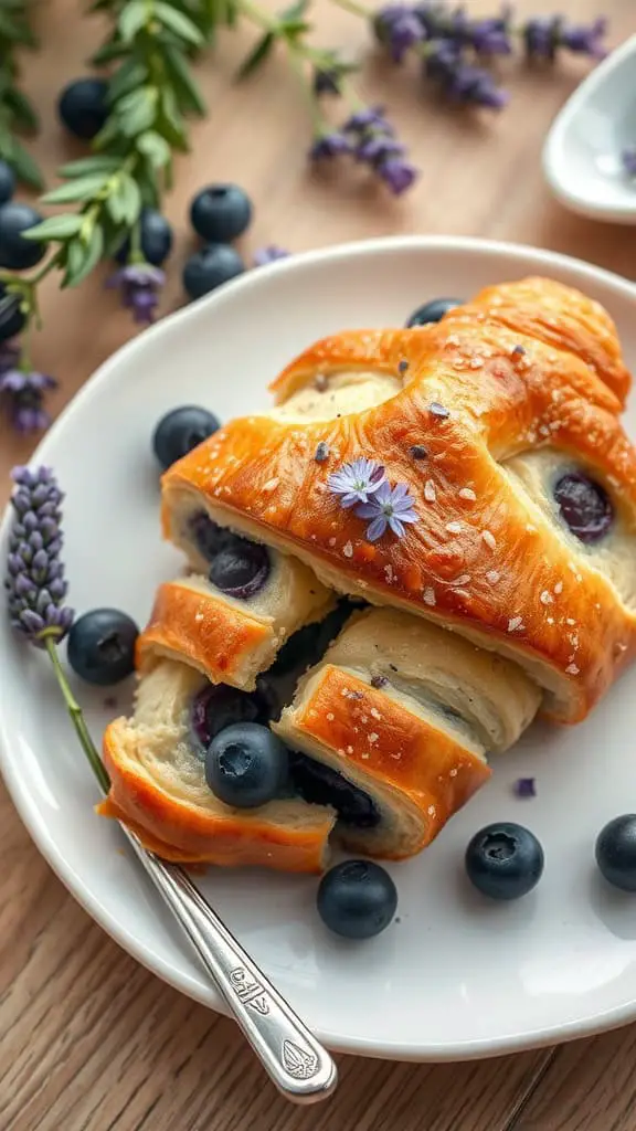 A delicious blueberry croissant breakfast bake with a hint of lavender, served on a plate.