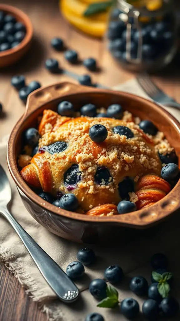 Delicious blueberry croissant breakfast bake with a crumbly streusel topping.