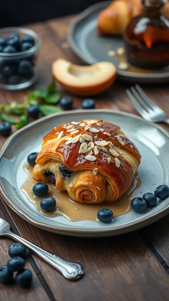 A delicious blueberry croissant breakfast bake topped with almond slices and served with blueberries.