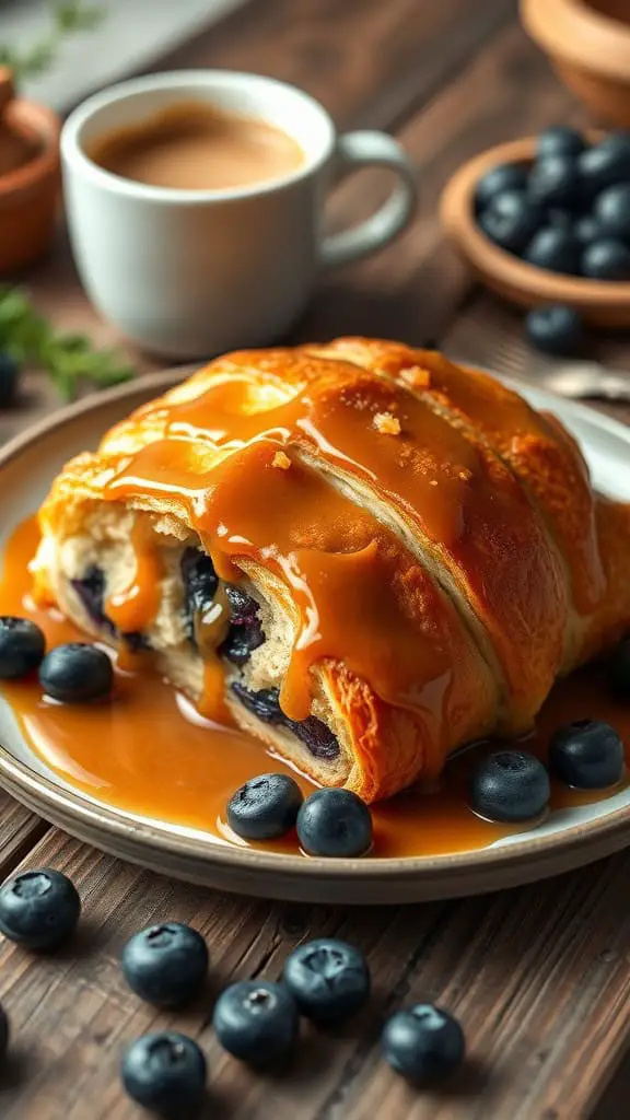 Blueberry Croissant Breakfast Bake with caramel sauce